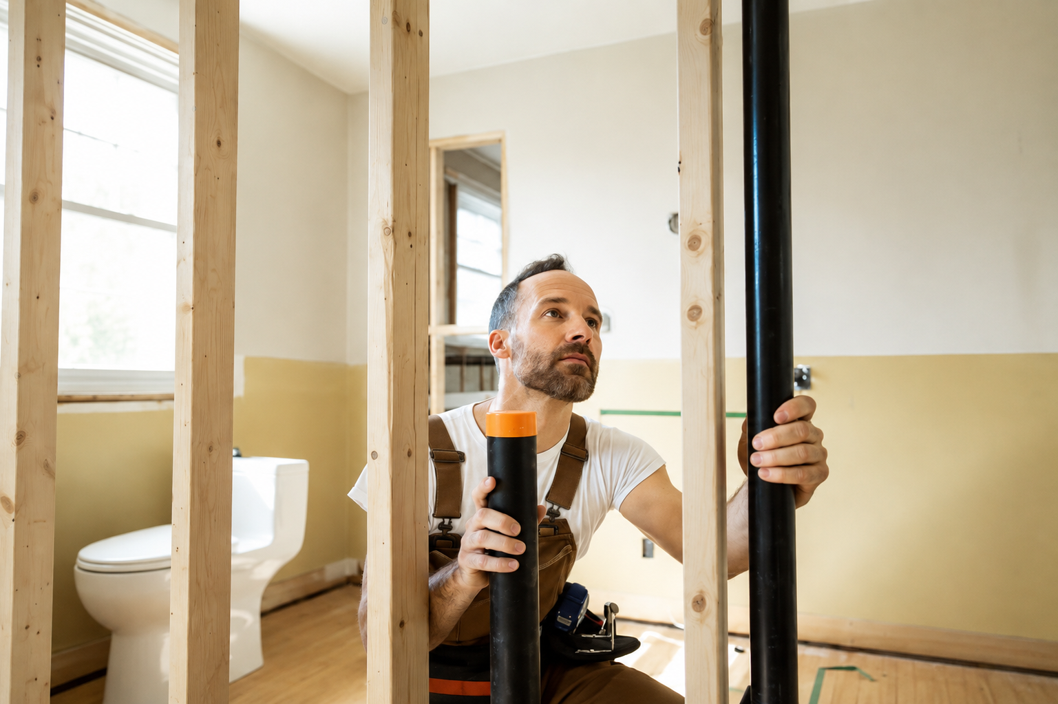 Plumber working on piping inside a Stafford-area home